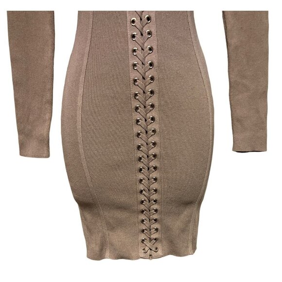 HERA Collection Tan Knit Lace Front Sweater Dress Long Sleeve Body Con Small - Picture 3 of 8